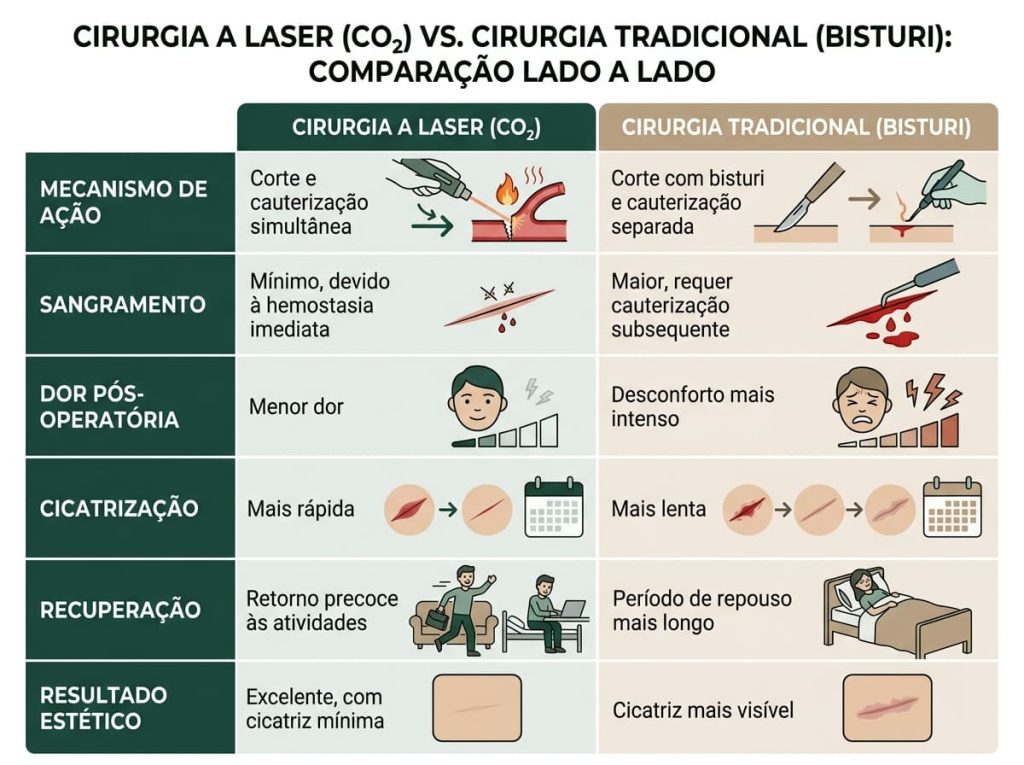 Cirurgia a Laser para Plicoma Anal 3 Infográfico comparativo entre cirurgia a laser e cirurgia tradicional para plicoma anal — Dra. Andrea Pecci, proctologista SP