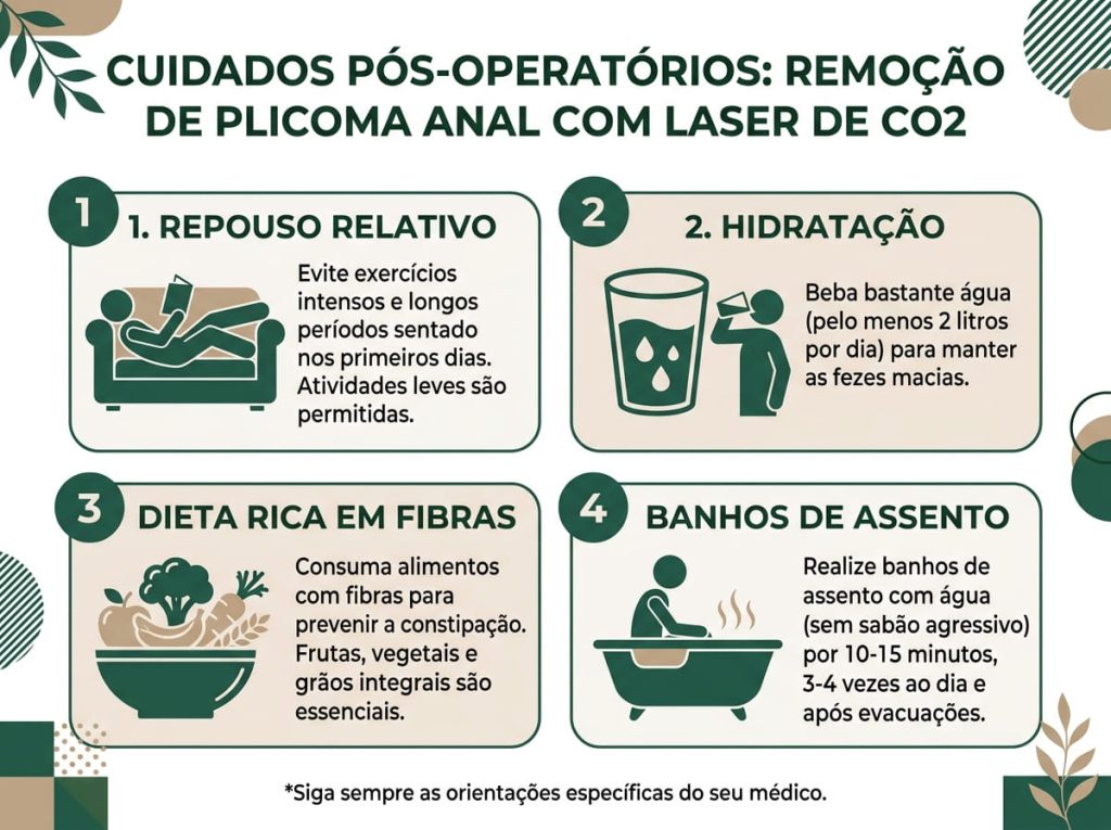 Cirurgia a Laser para Plicoma Anal 6 Cuidados pós-cirurgia a laser para plicoma anal — hidratação, alimentação e banhos de assento — Dra. Andrea Pecci