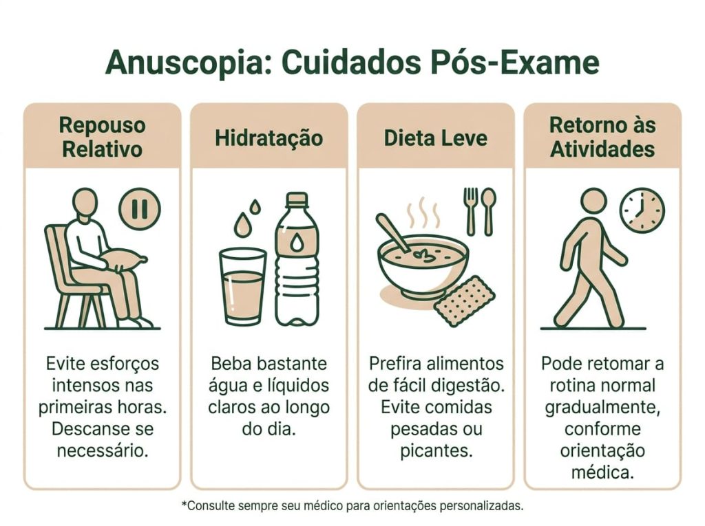Cuidados pos anuscopia — hidratacao alimentacao leve e retorno as atividades — Dra. Andrea Pecci proctologista S