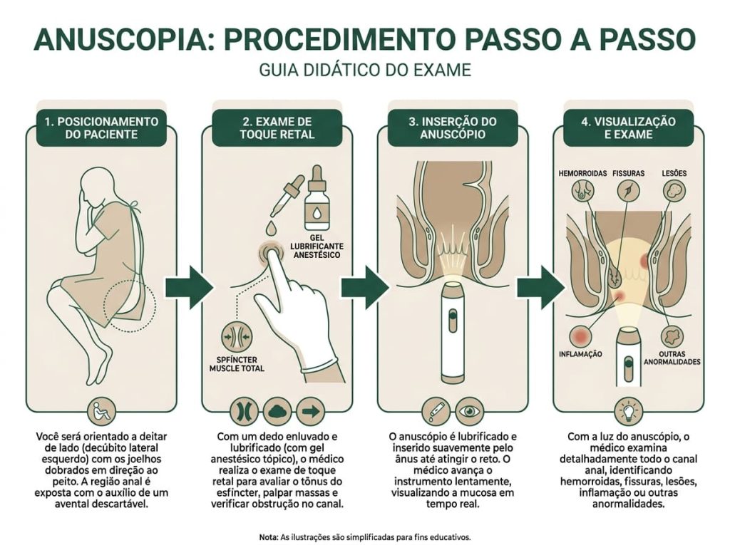 Infográfico do passo a passo da anuscopia — posicionamento, toque retal, inserção do anuscópio e visualização — Dra. Andrea Pecci, proctologista em São Paulo